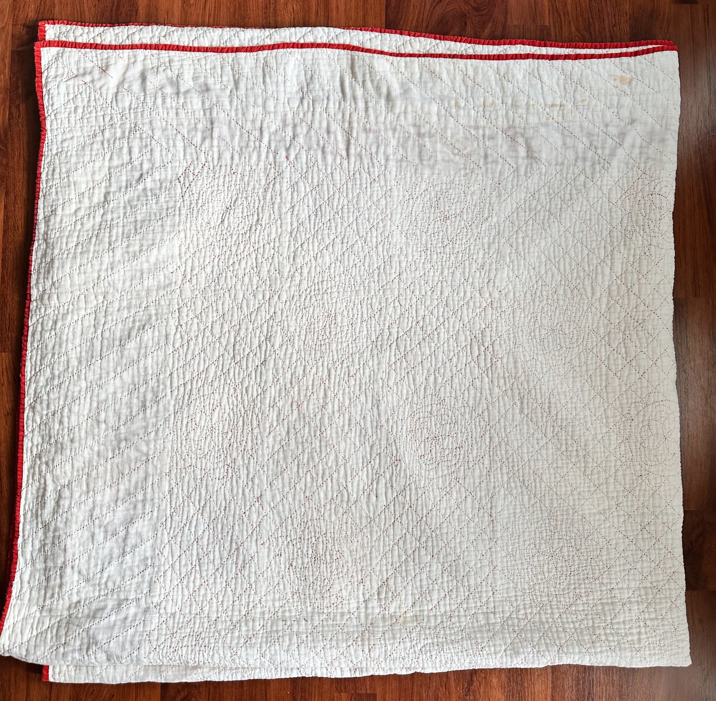 Antique Early 20th Century Redwork Embroidered Hand-Quilted Quilt