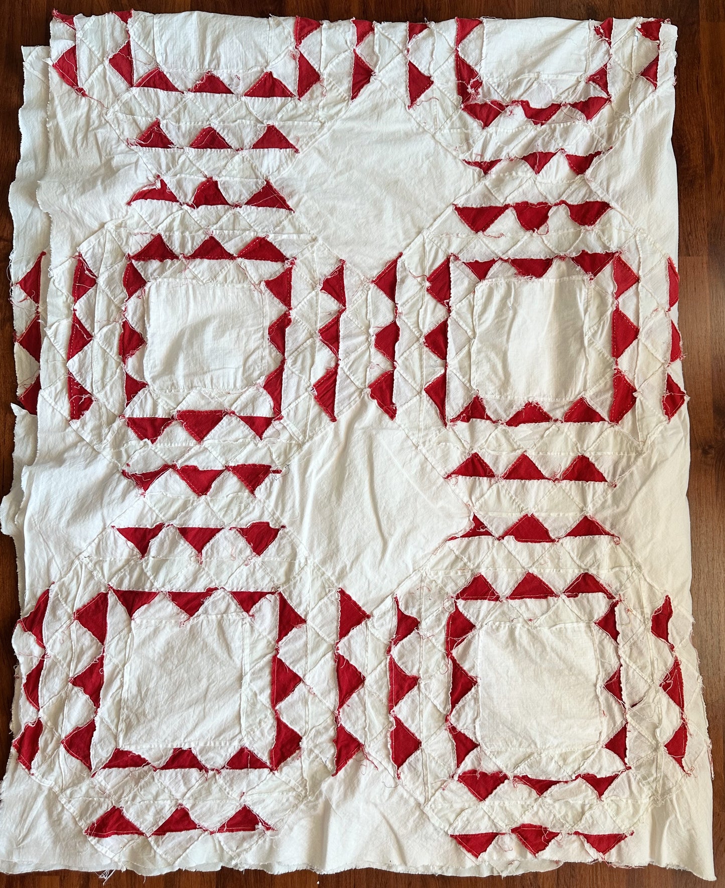 Antique Hand Pieced Turkey Red & White Sawtooth Quilt Top