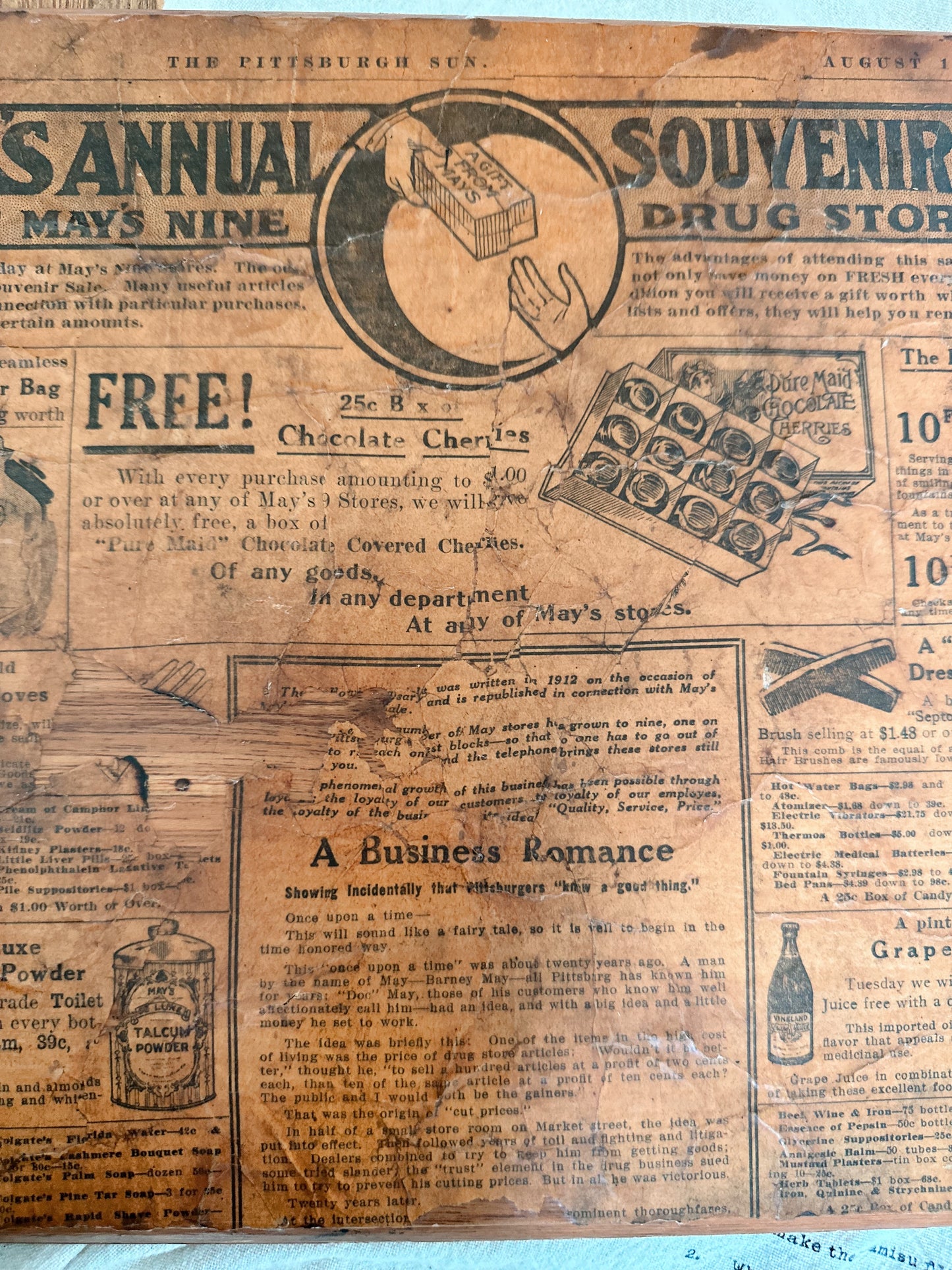Antique 1914 Pittsburgh Sun May Drug Company Newspaper Advertisement on Wood