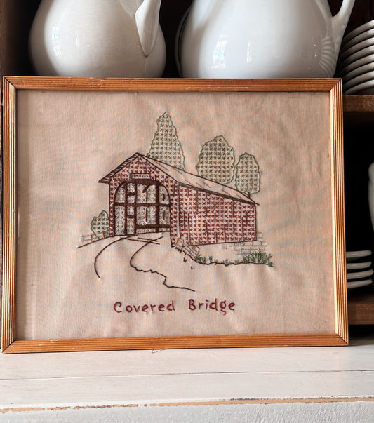 Vintage Covered Bridge Needle Work Wall Hanging