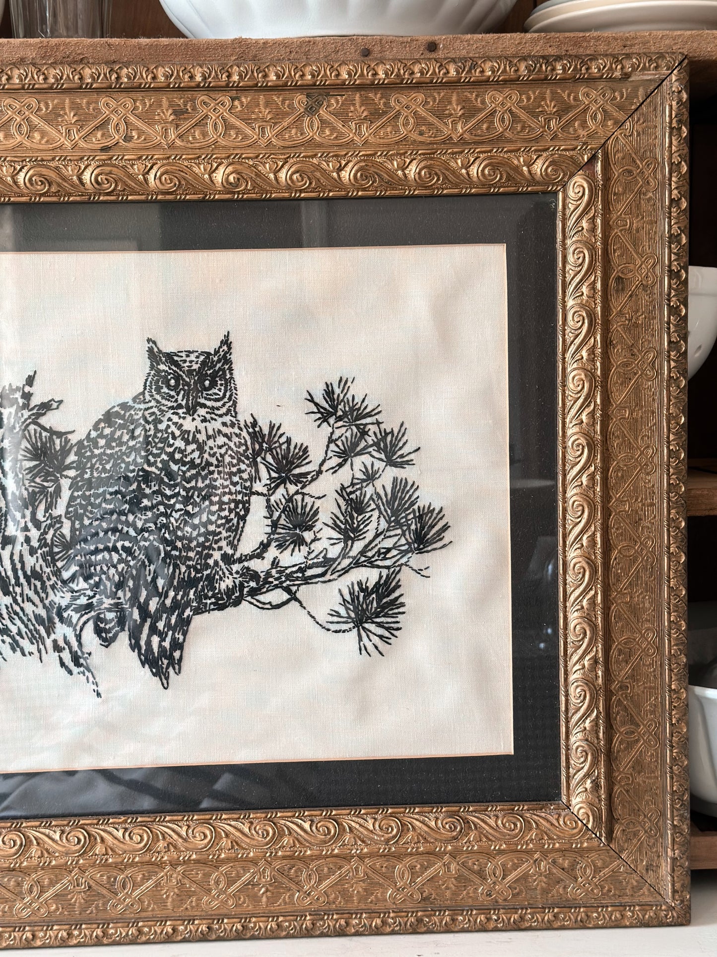 Beautiful Vintage Embroidered Owl in an Antique Frame