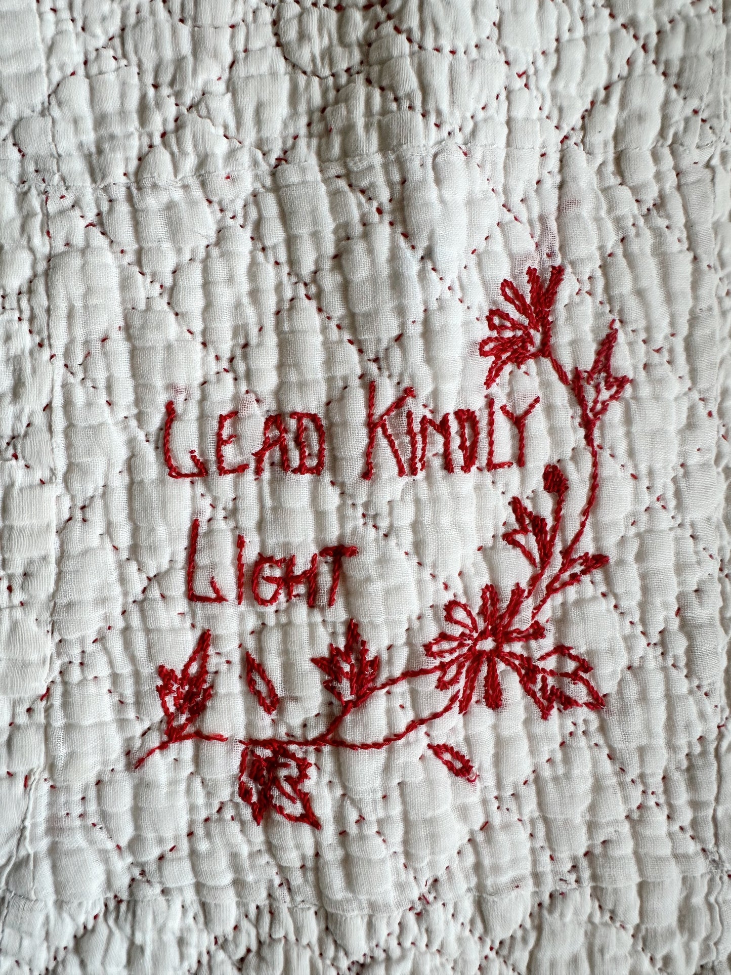 Antique Early 20th Century Redwork Embroidered Hand-Quilted Quilt