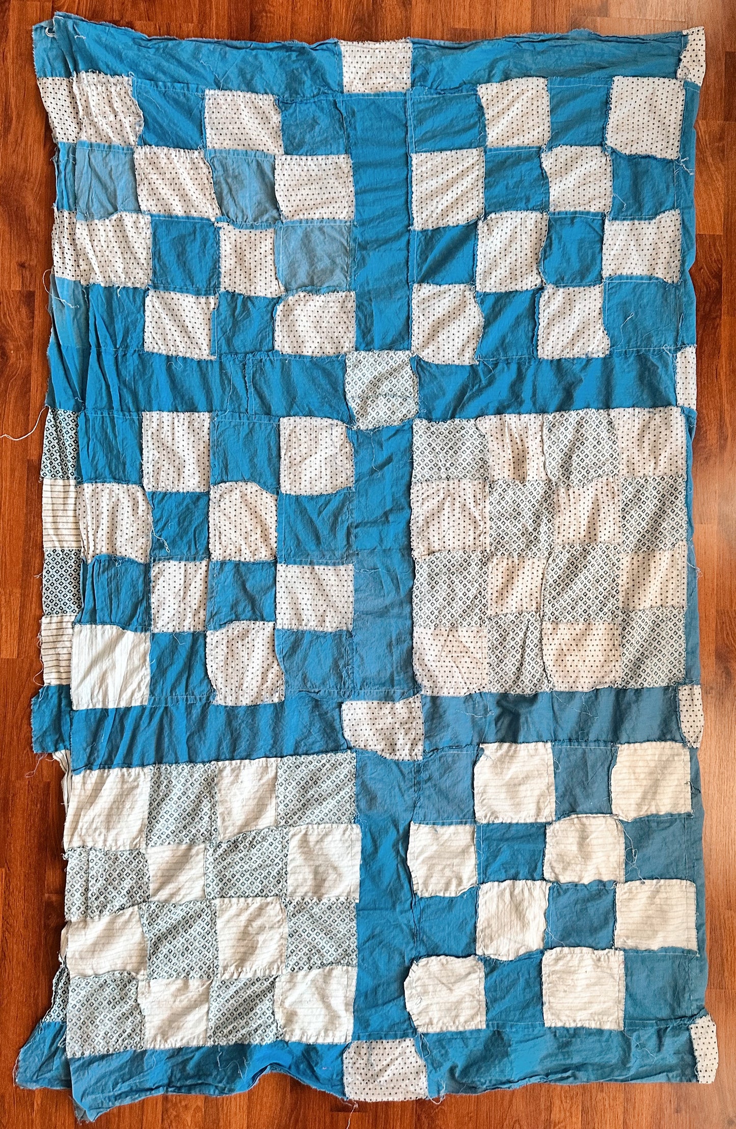 Vintage Hand Pieced Blue & White Cotton Checkerboard Quilt Top