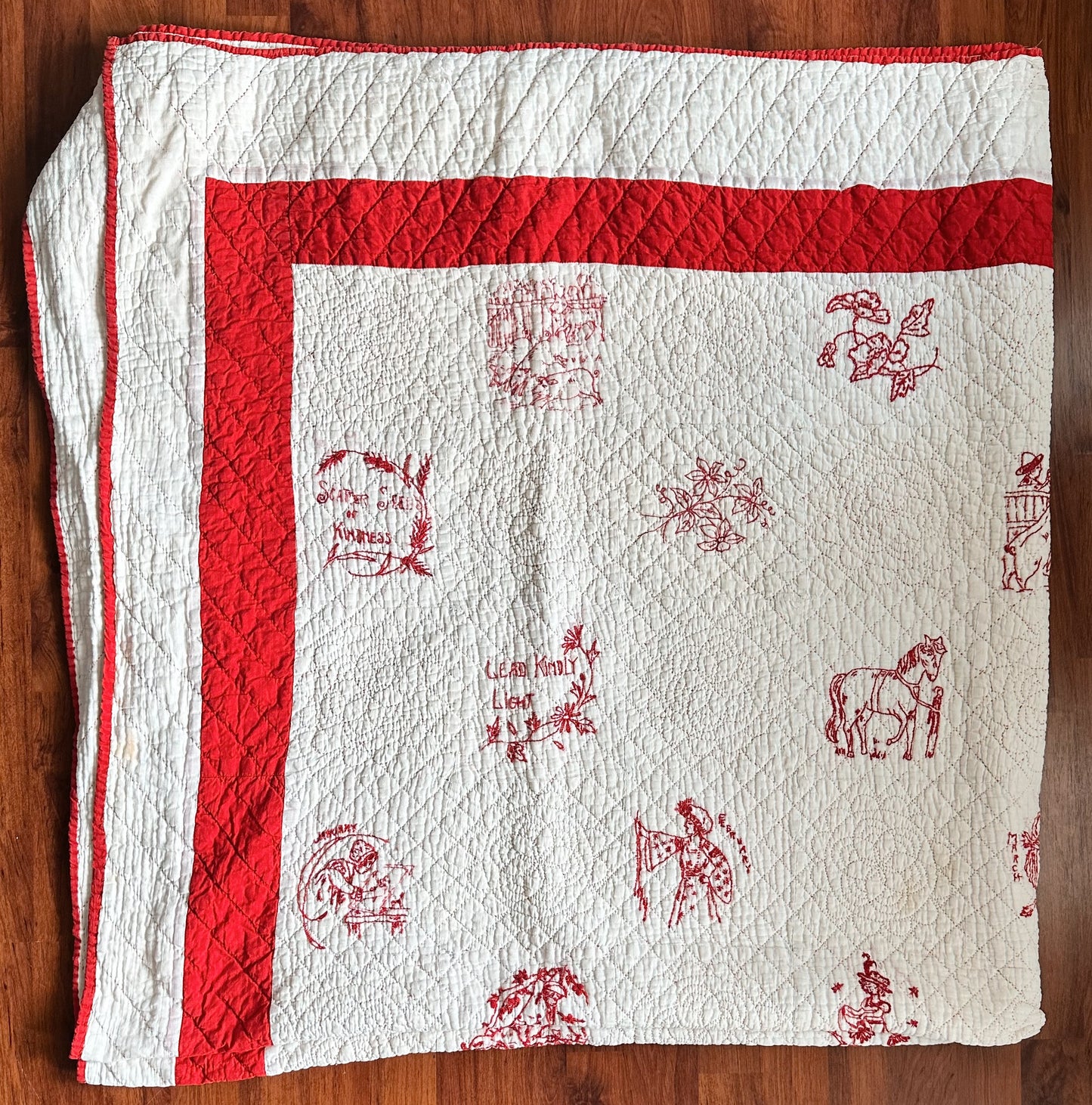 Antique Early 20th Century Redwork Embroidered Hand-Quilted Quilt