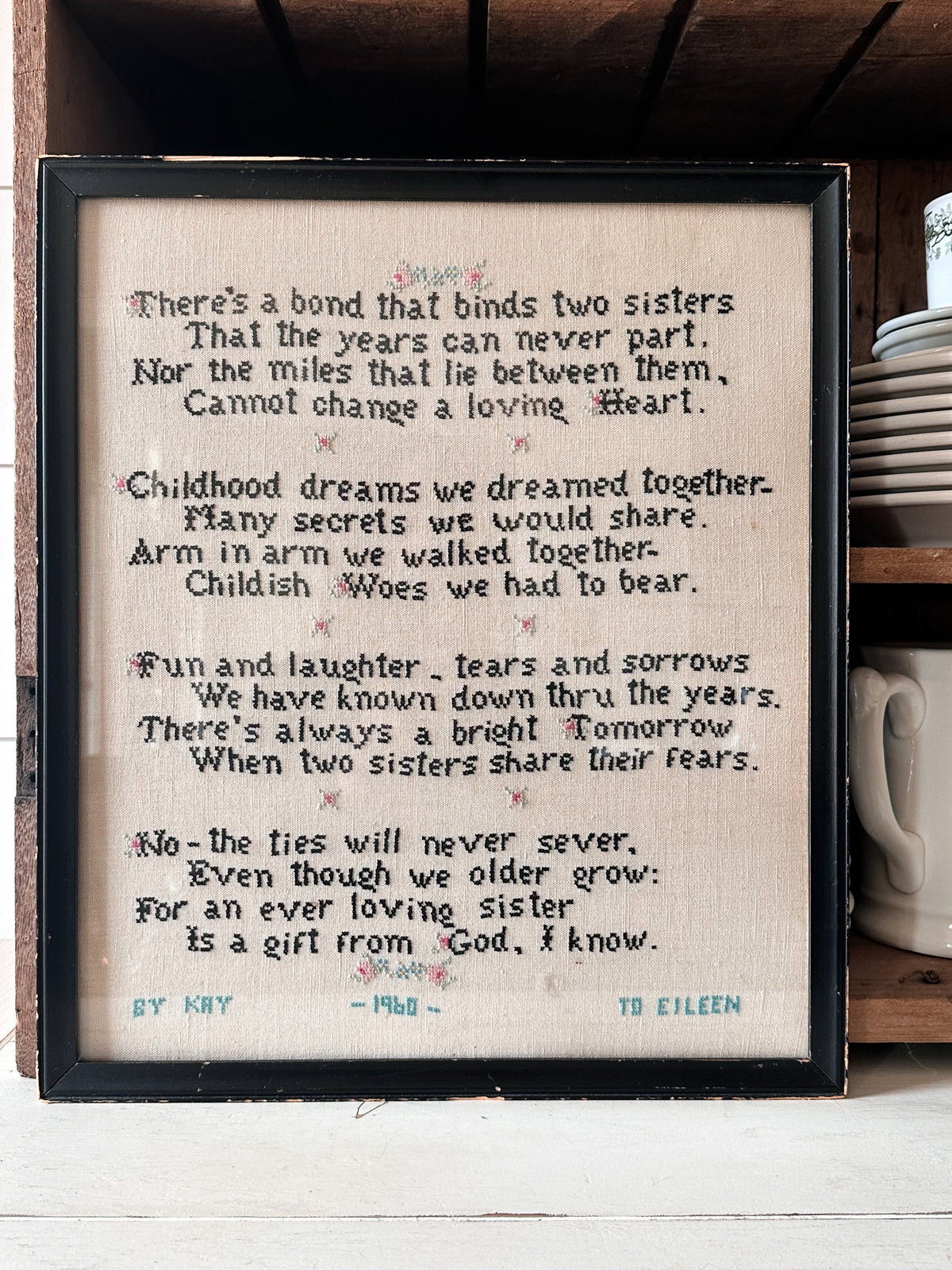 Vintage Sisters Needlework Framed Wall Hanging