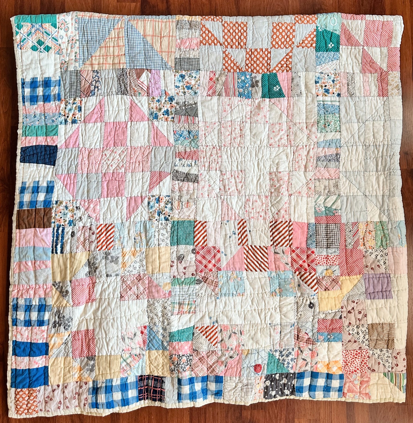 1930s Hand-Quilted Sampler Patchwork Feed Sack Quilt