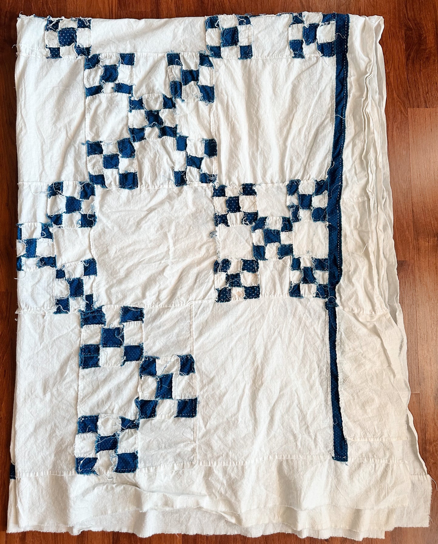 Vintage Hand Stitched Blue & White Double Irish Chain Quilt Top