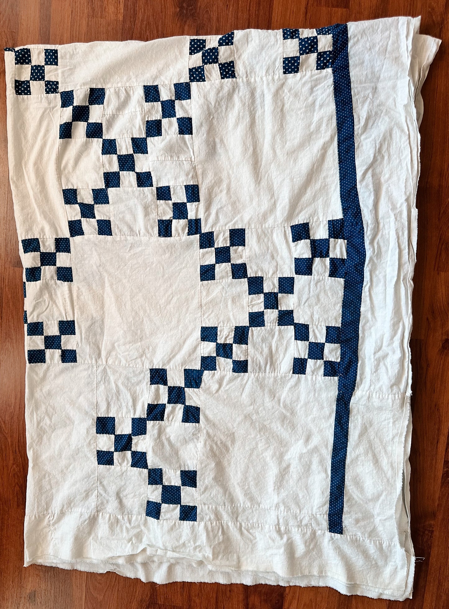 Vintage Hand Stitched Blue & White Double Irish Chain Quilt Top
