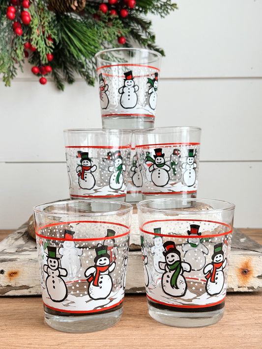Set of Six Vintage Libby Lowball Snowman Glasses