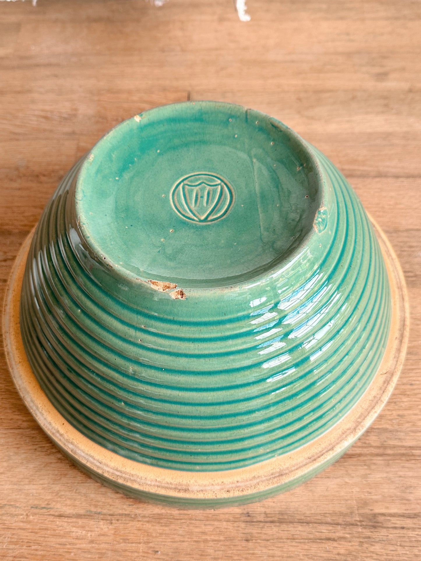 Big Beautiful Vintage Green Ribbed Stoneware Bowl