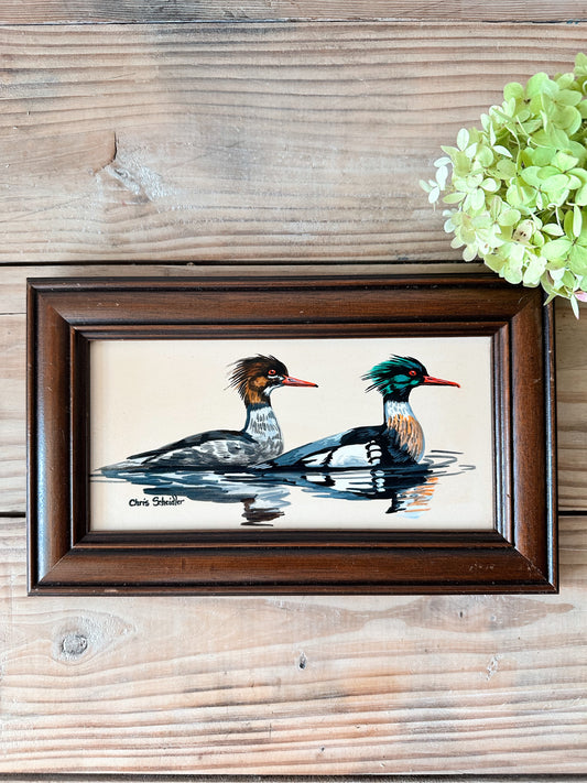 Vintage Hand Painted Red Breasted Mergansers Tile, H&R Johnson Tiles, England