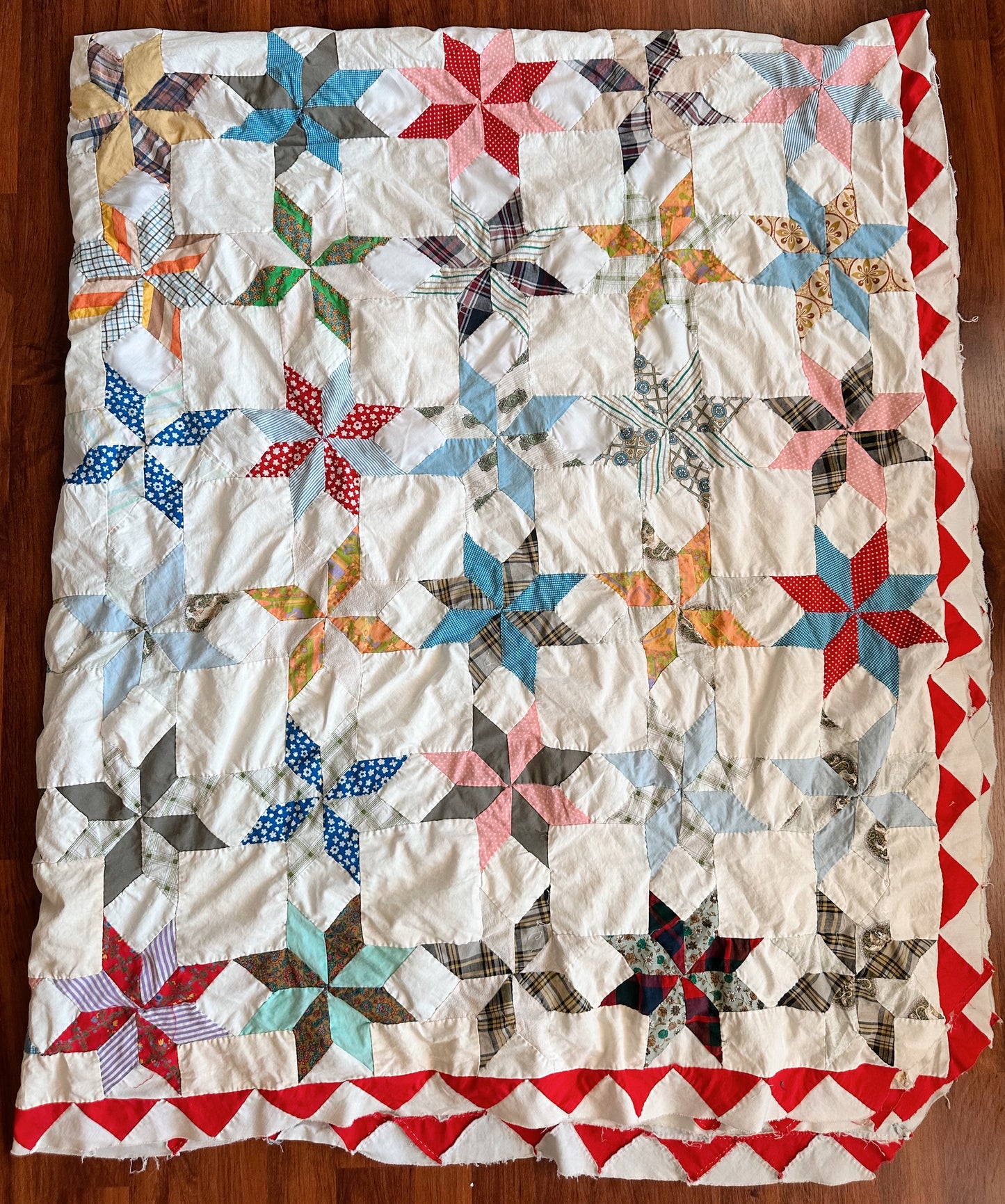 Vintage Hand Pieced 8-Point Star Quilt Top
