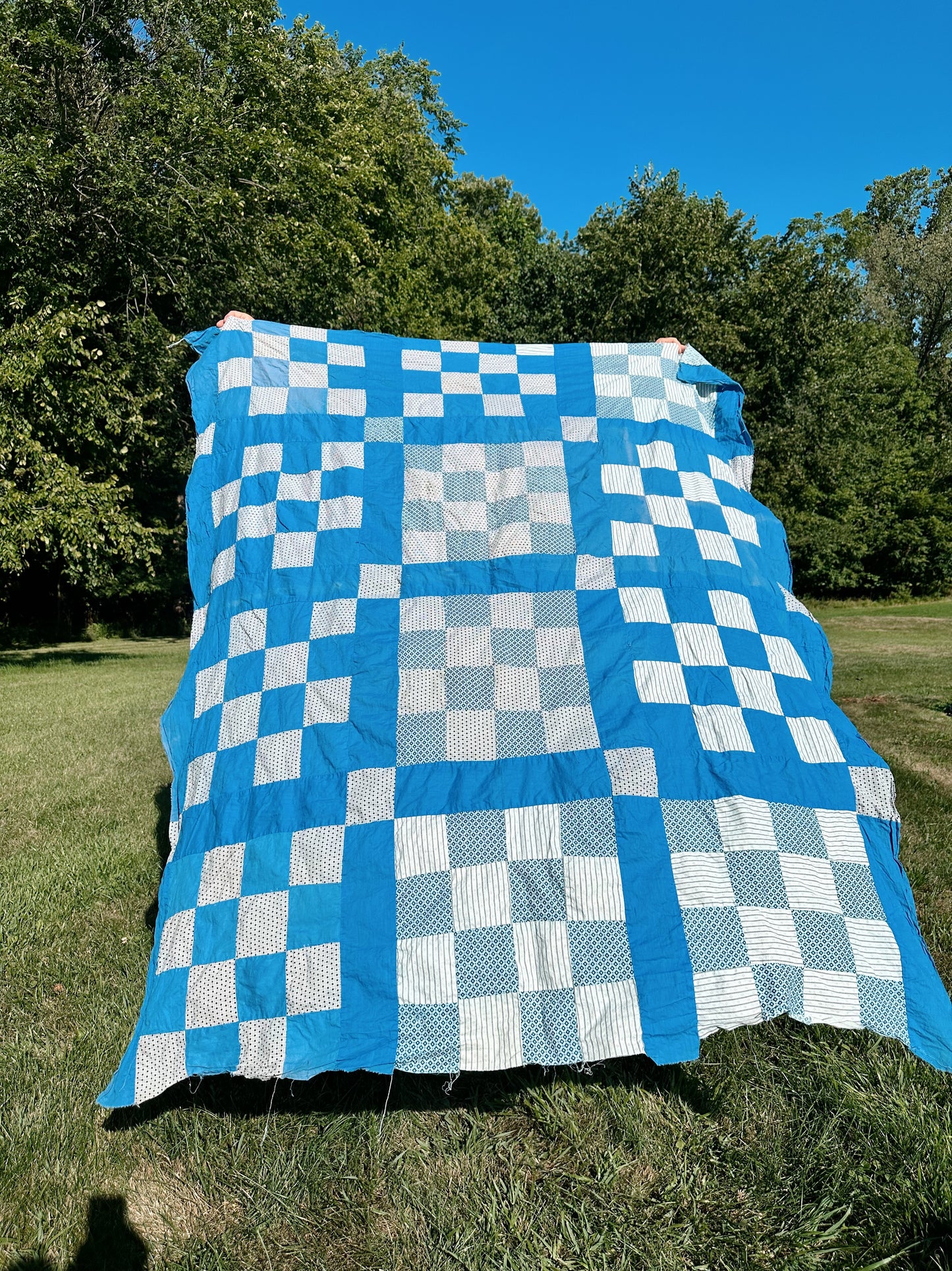 Vintage Hand Pieced Blue & White Cotton Checkerboard Quilt Top