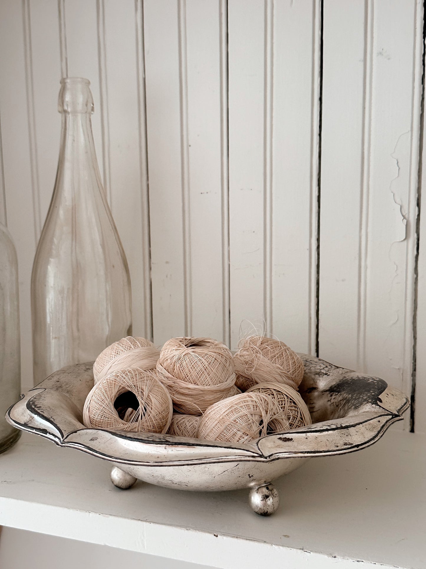 Pretty Vintage Footed Bowl with Vintage Crochet Yarn