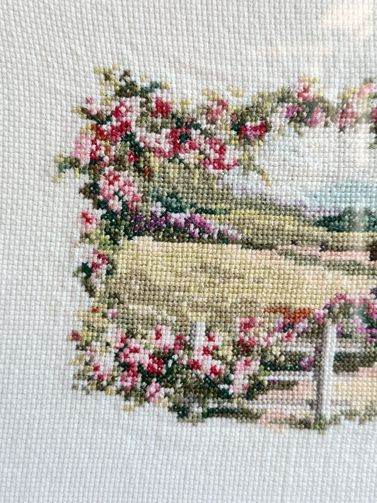 Vintage Framed Cross Stitch, Cottage with Sheep