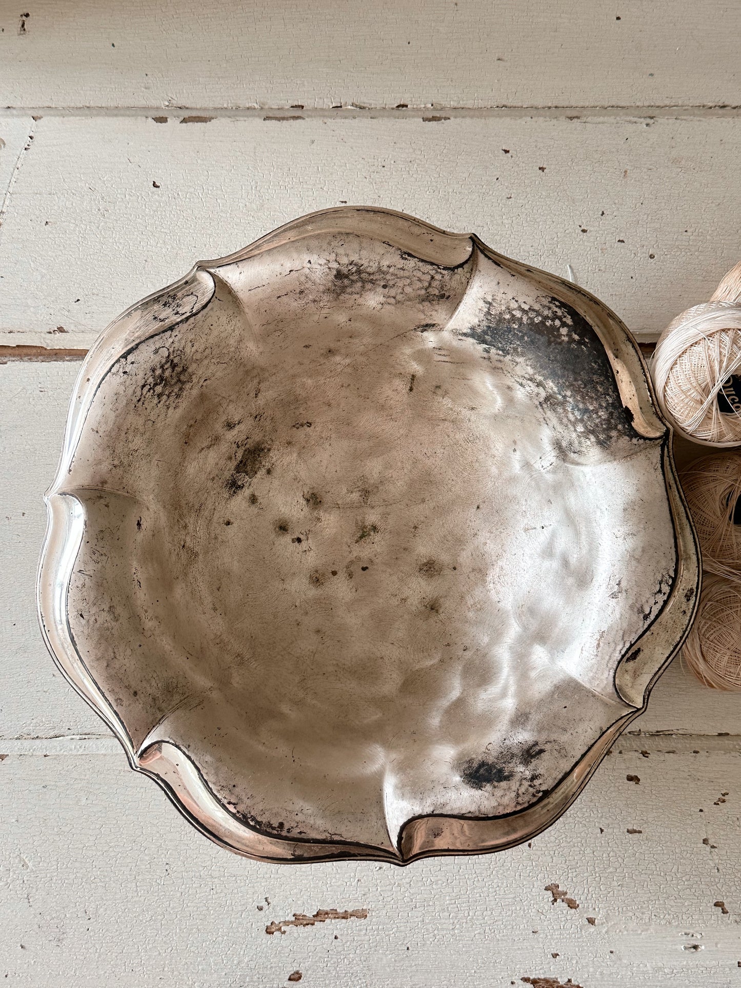 Pretty Vintage Footed Bowl with Vintage Crochet Yarn