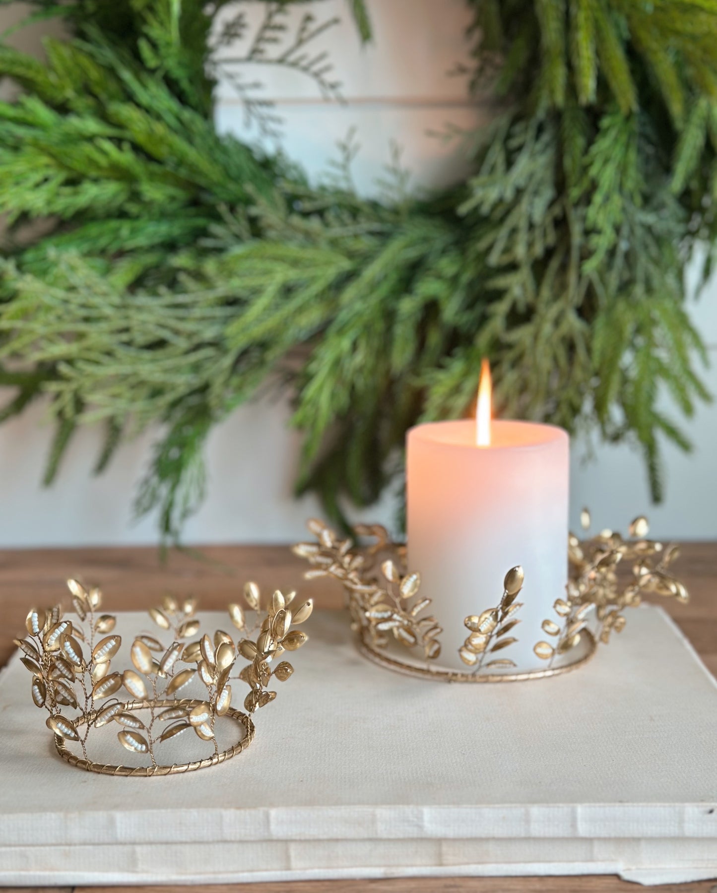 Gold Beaded Leaf Candle Rings