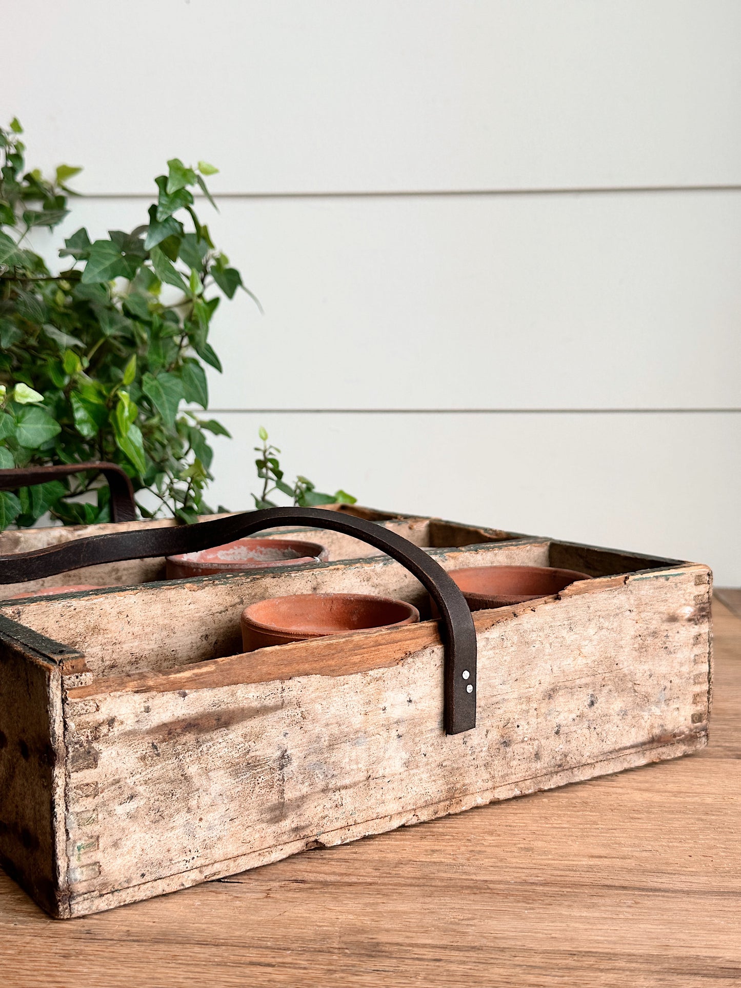 Vintage Handmade Wood Caddy & Pots