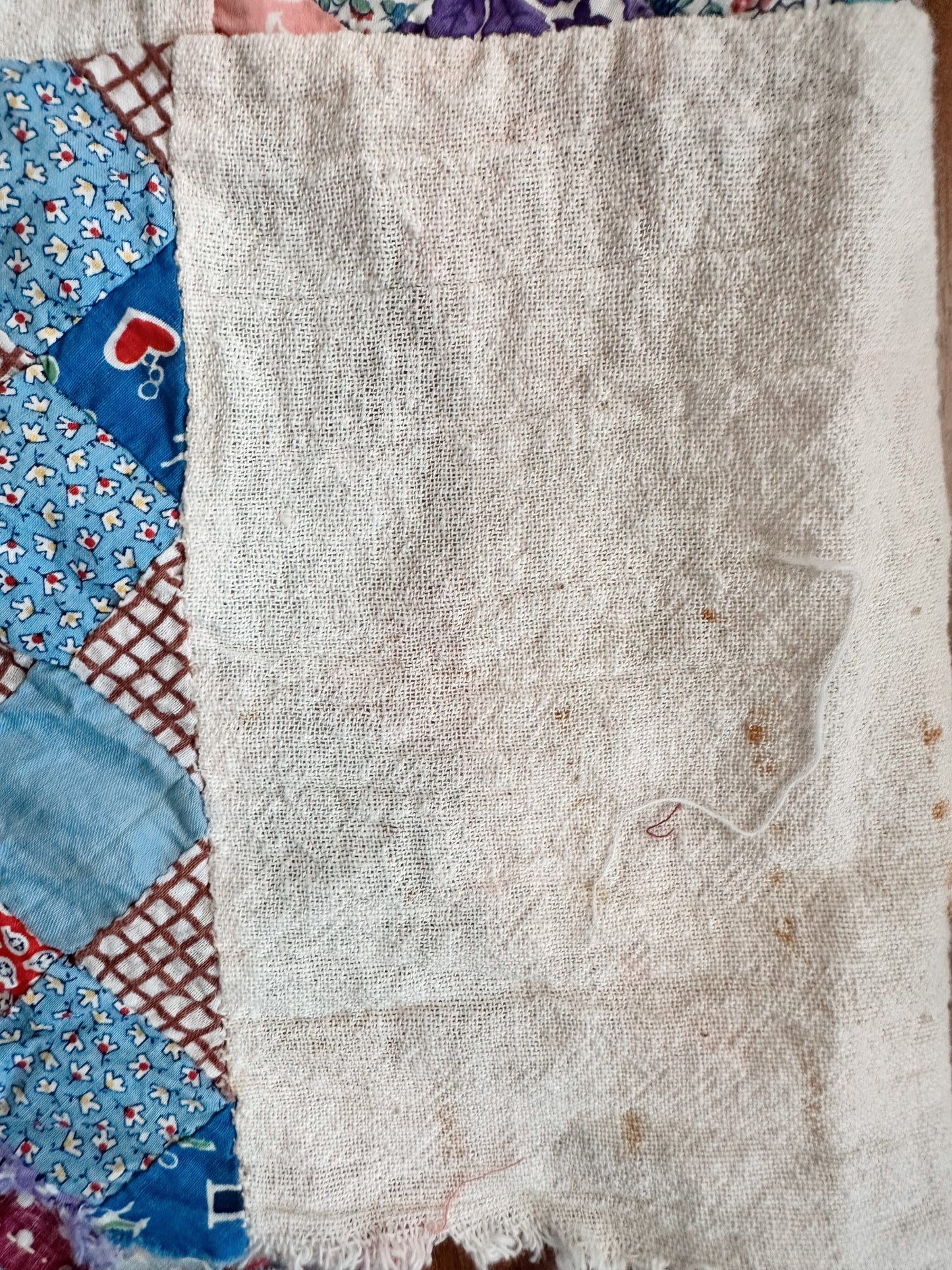 Depression Era Patchwork Scrap Utility Quilt Top With Repurposed Industrial Sack Borders