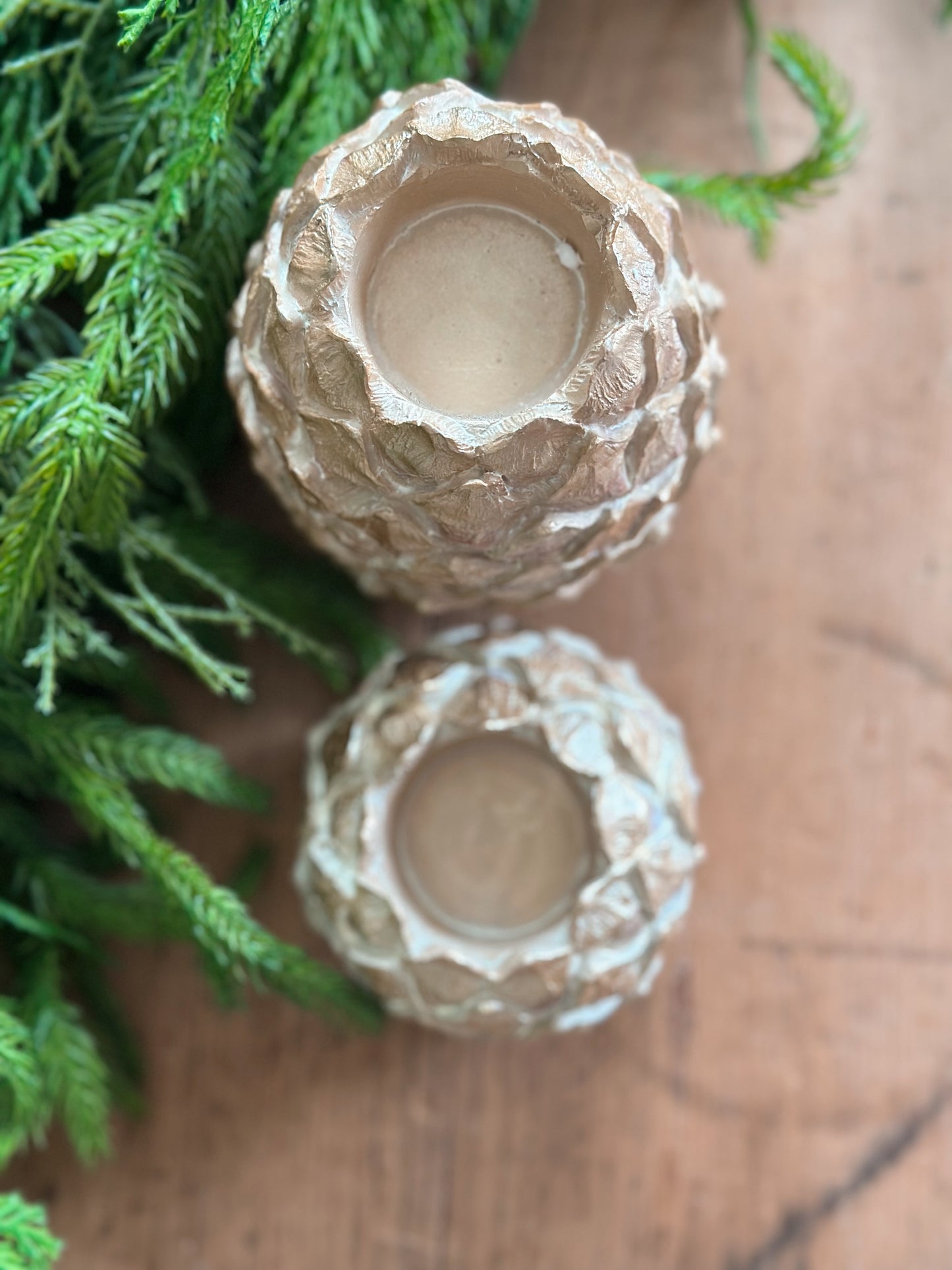 Set of Two Chunky Pinecone Tea Light Holders (golden wash)