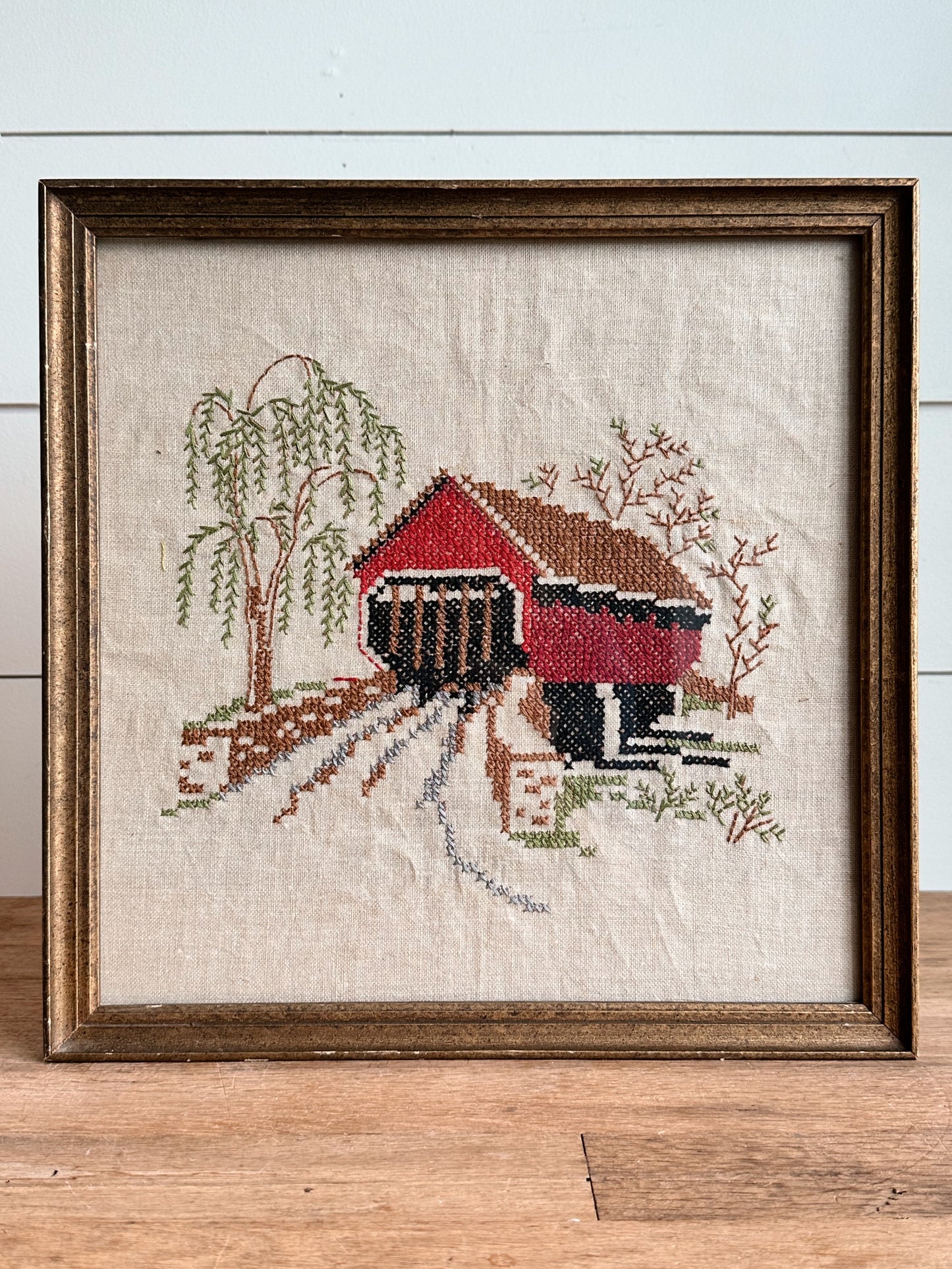 Vintage Covered Bridge Framed Cross Stitch