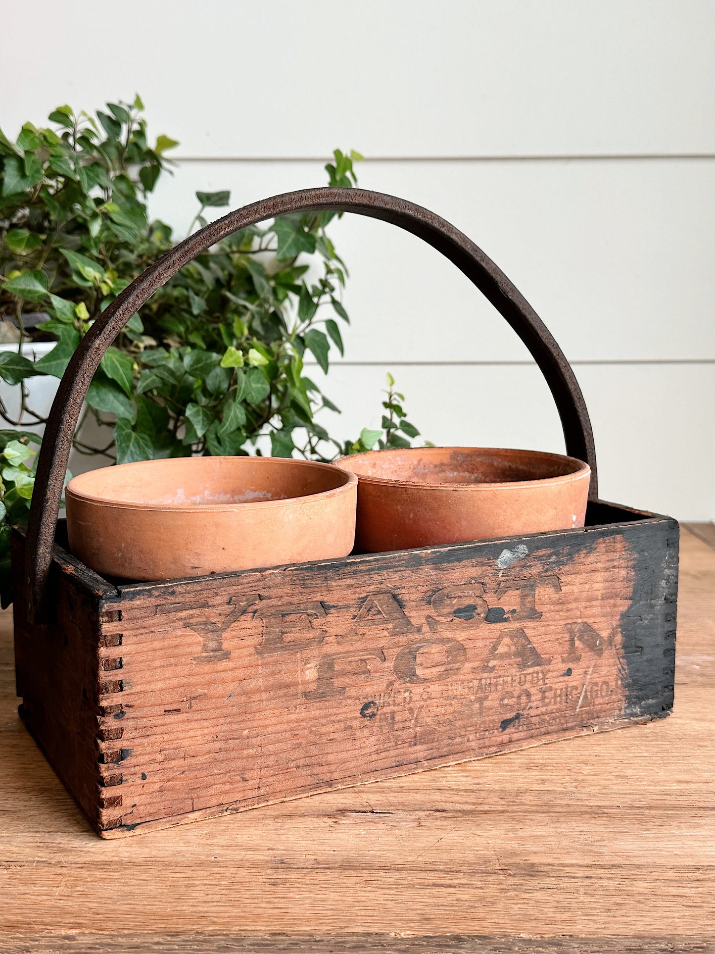 Vintage Handmade “Yeast Foam”Wood Caddy & Pots