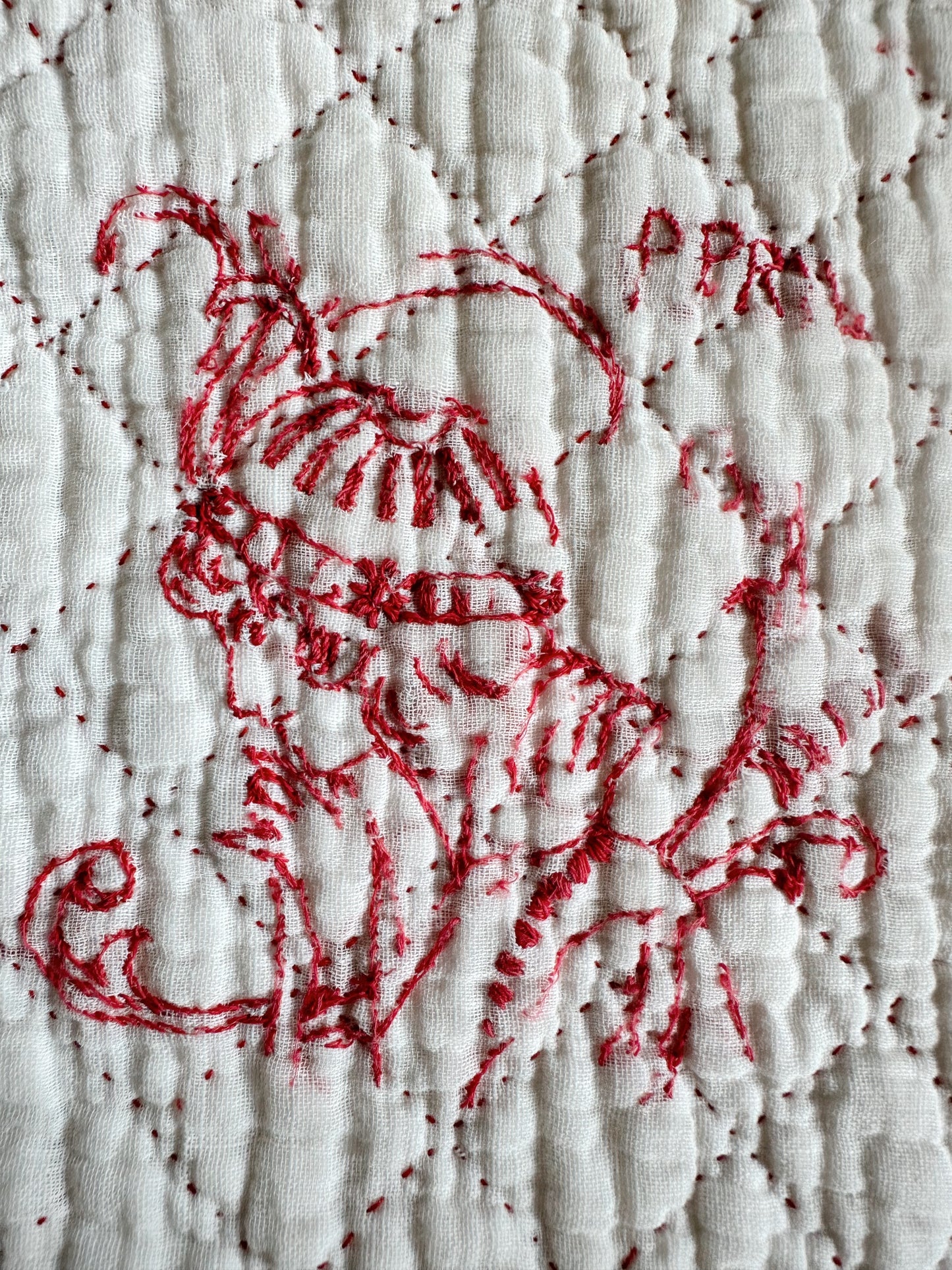 Antique Early 20th Century Redwork Embroidered Hand-Quilted Quilt