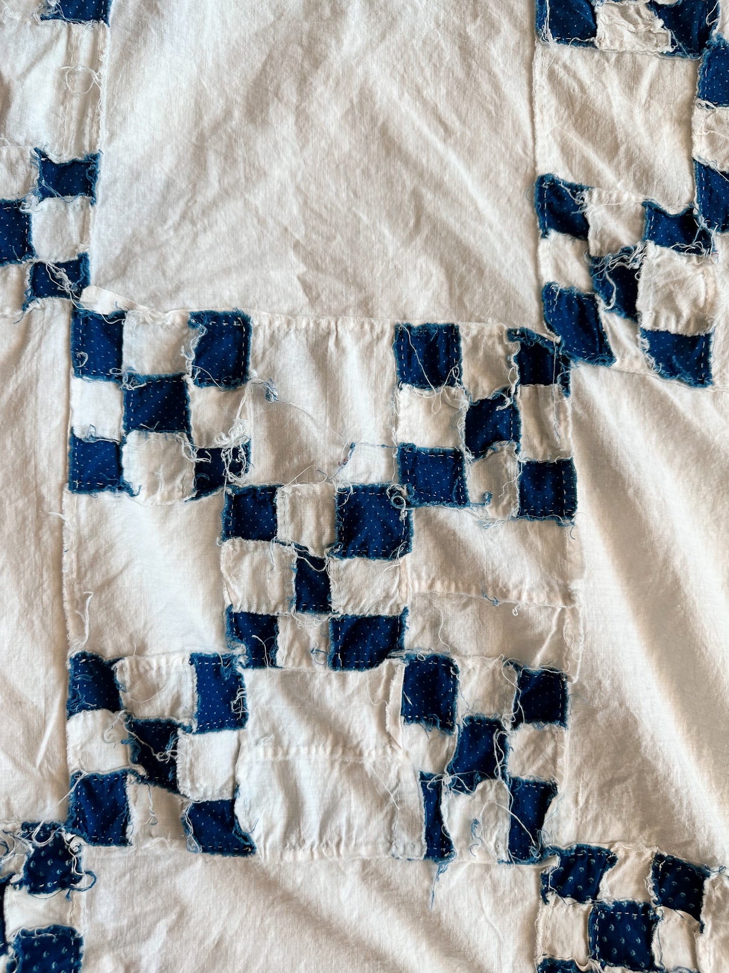 Vintage Hand Stitched Blue & White Double Irish Chain Quilt Top