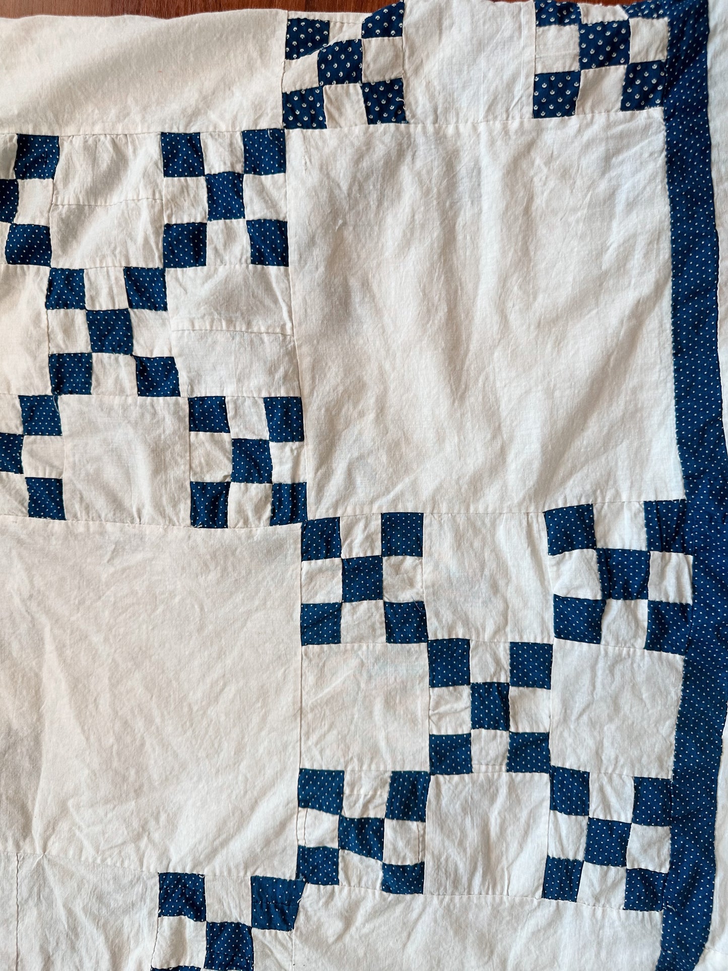 Vintage Hand Stitched Blue & White Double Irish Chain Quilt Top