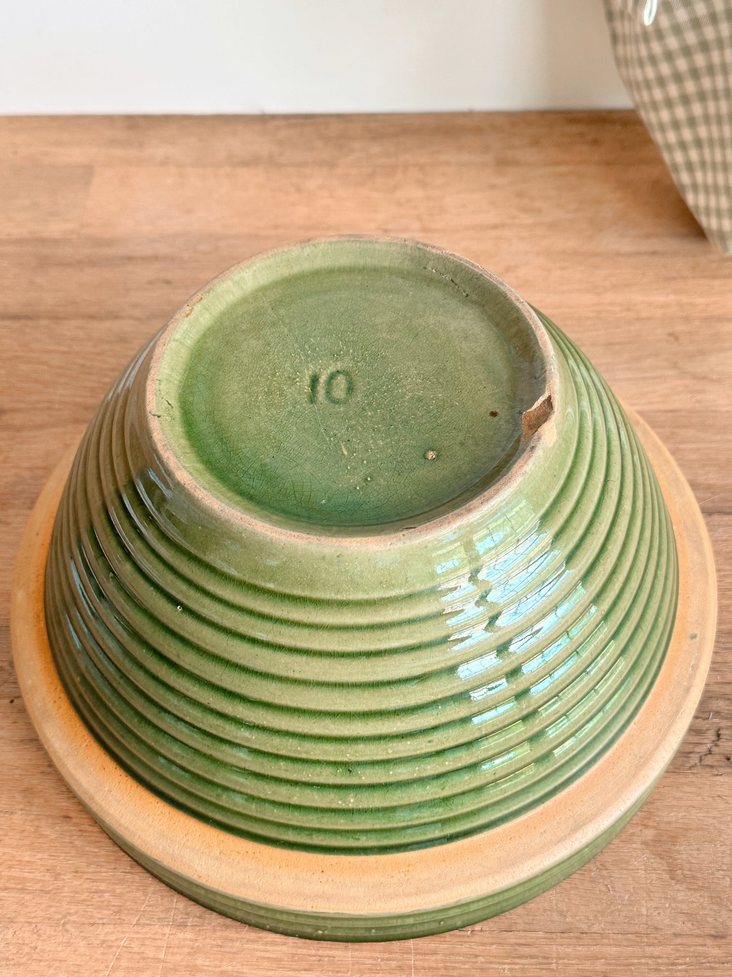 Vintage Green Ribbed Stoneware Mixing Bowl