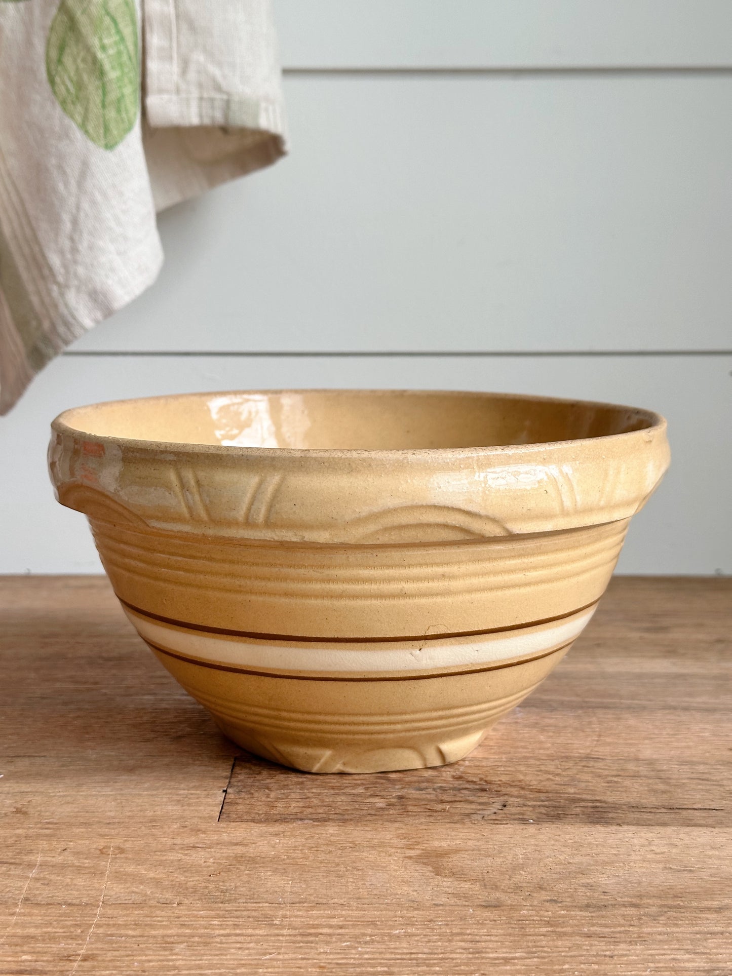 Vintage Golden Yellow Stoneware Bowl with White & Brown Stripes