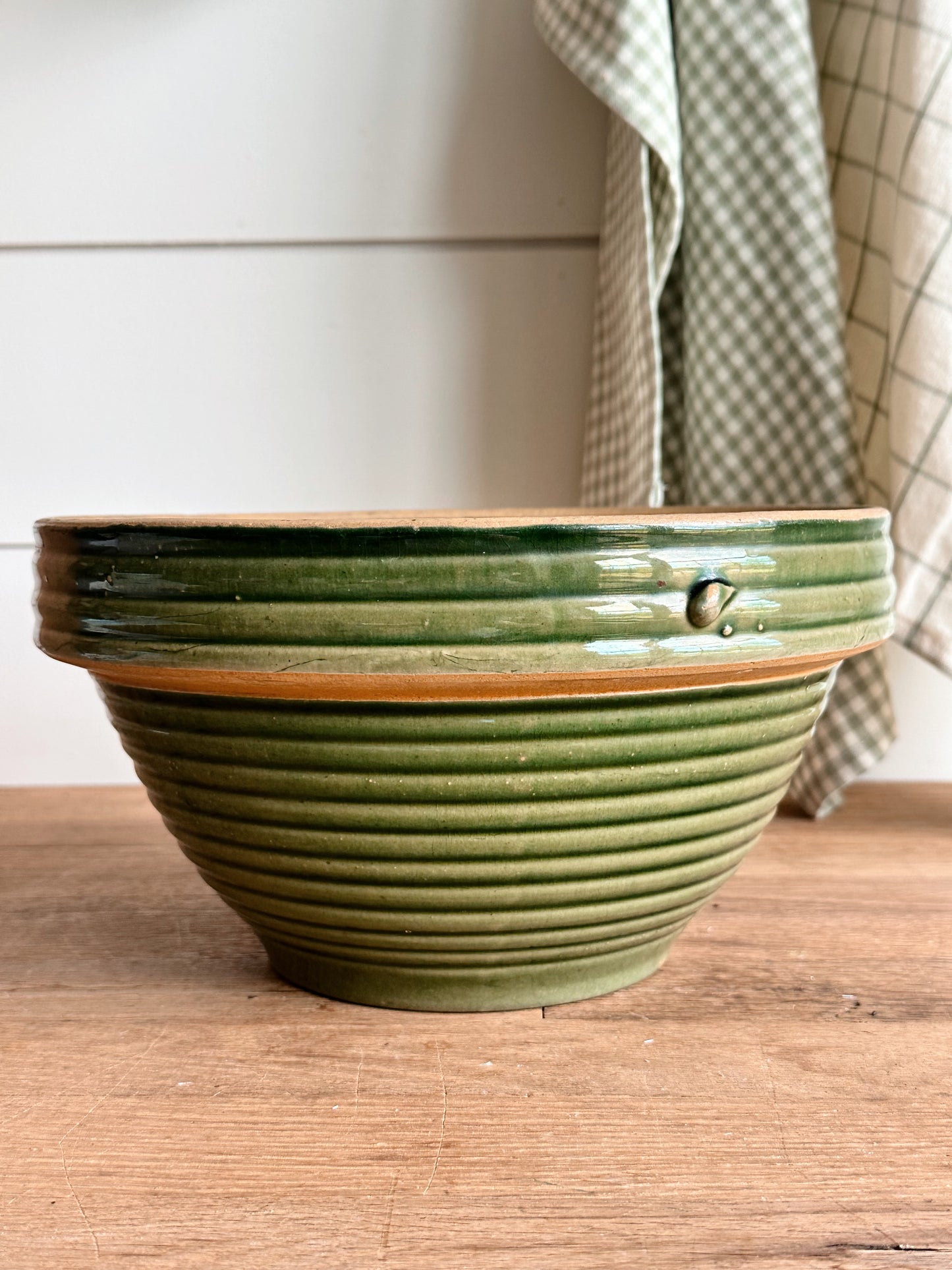 Vintage Green Ribbed Stoneware Mixing Bowl