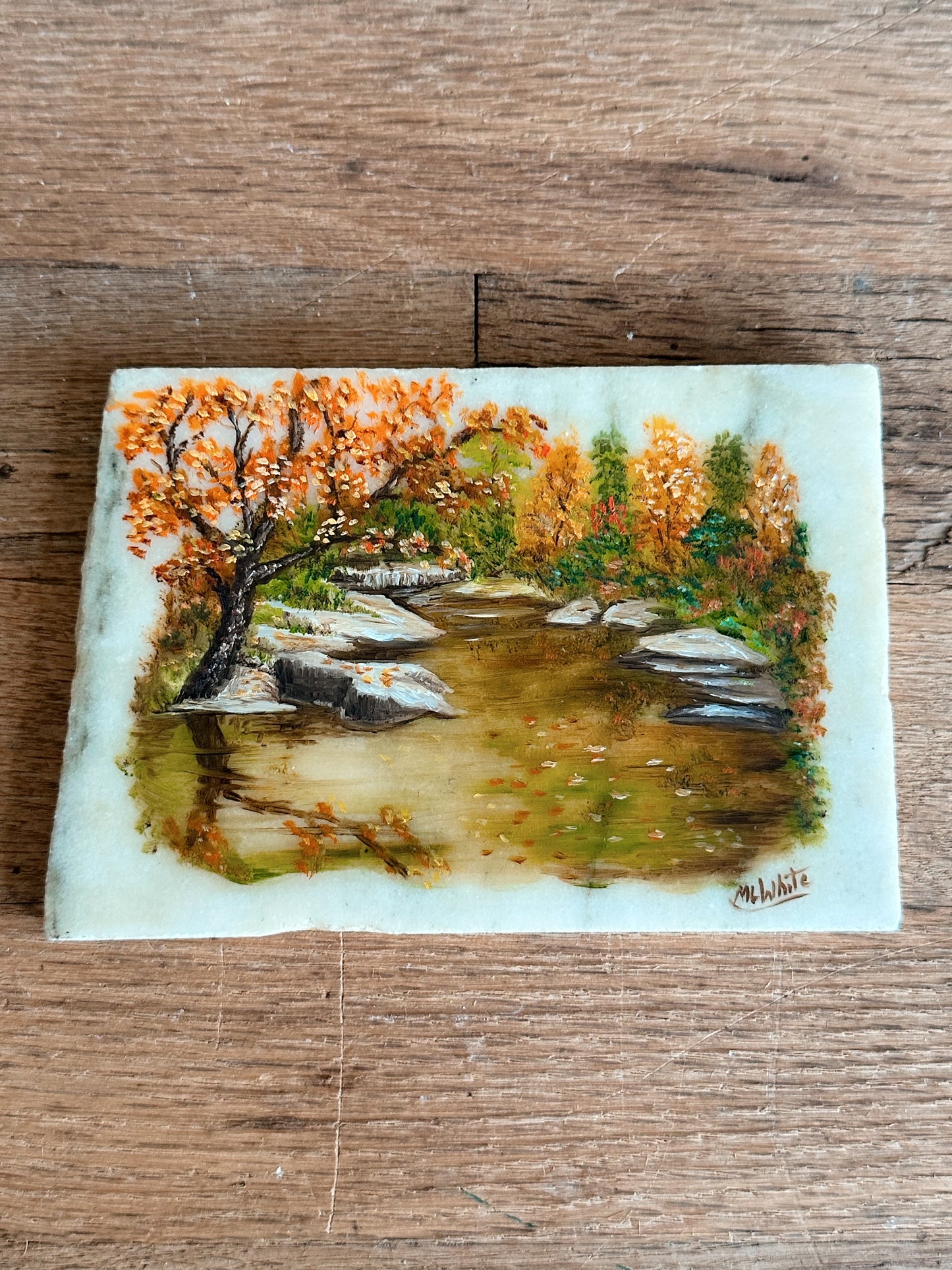 Vintage Signed Fall Painting on Marble