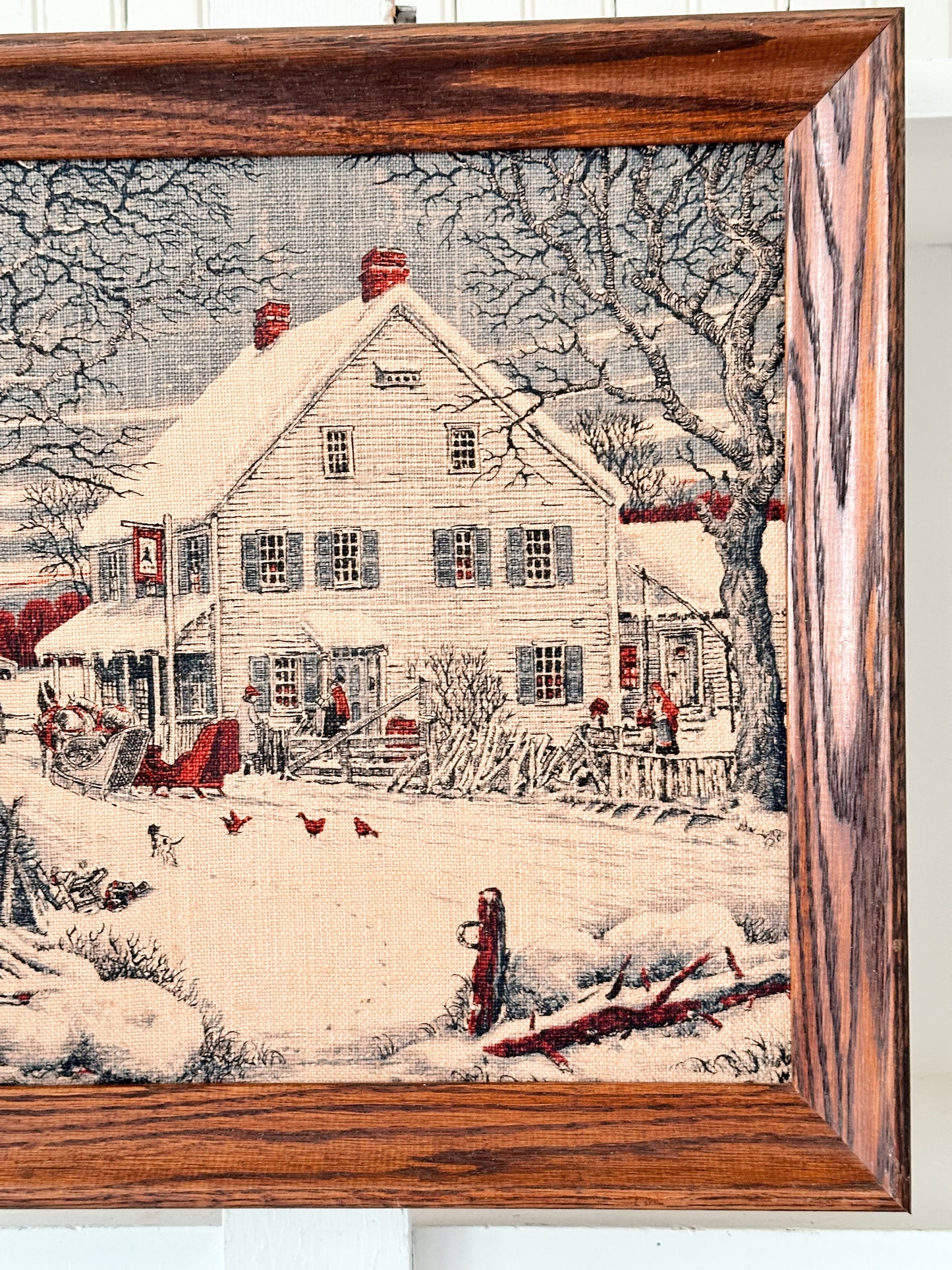 Vintage Framed Kay Dee Linen Wall Hanging, Winter Home