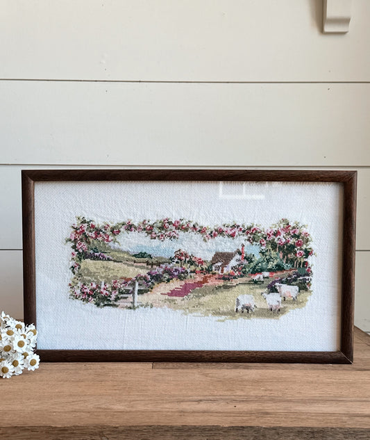 Vintage Framed Cross Stitch, Cottage with Sheep
