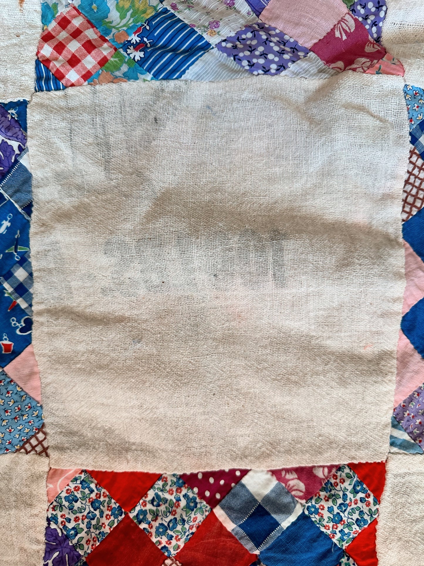 Depression Era Patchwork Scrap Utility Quilt Top With Repurposed Industrial Sack Borders