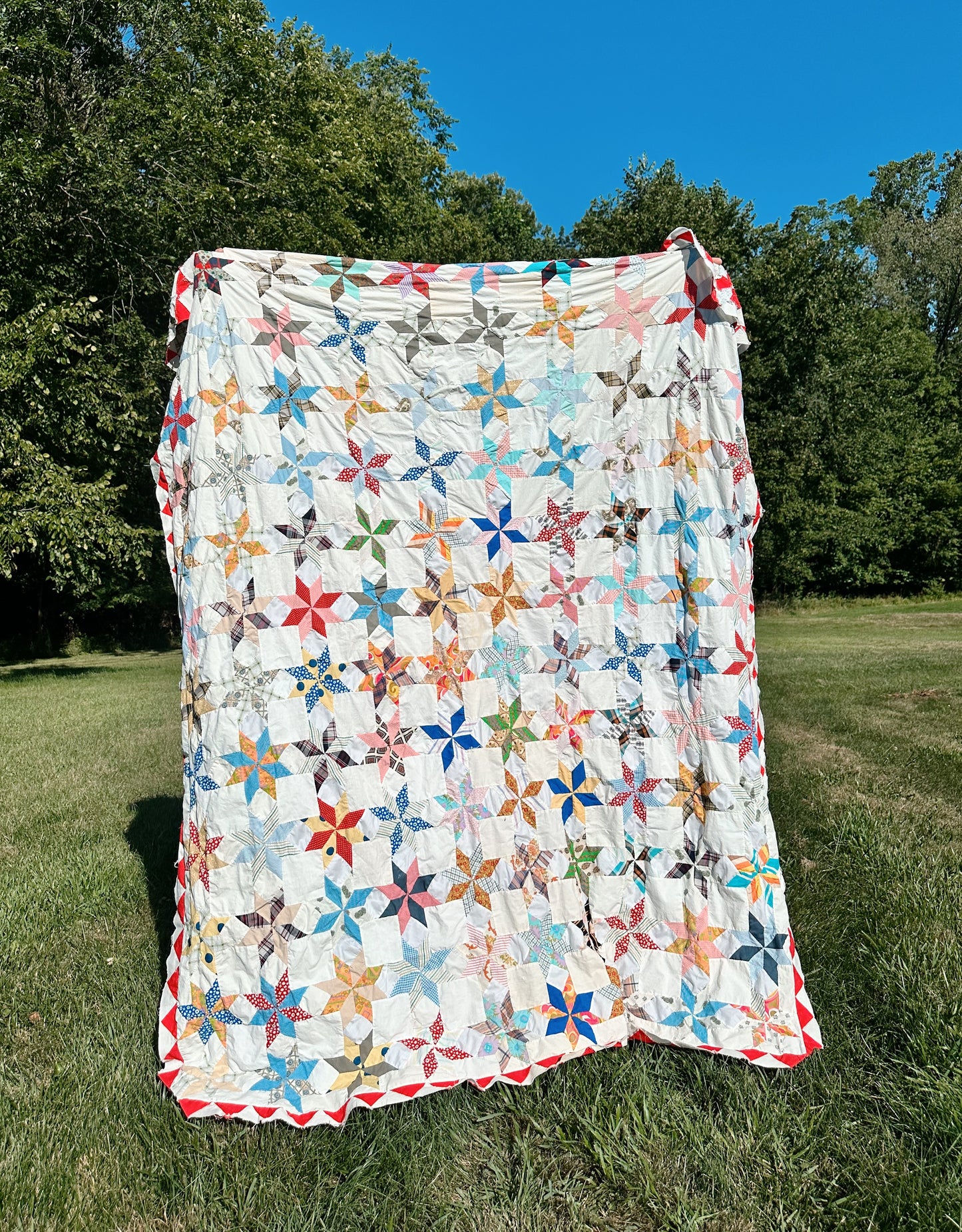 Vintage Hand Pieced 8-Point Star Quilt Top