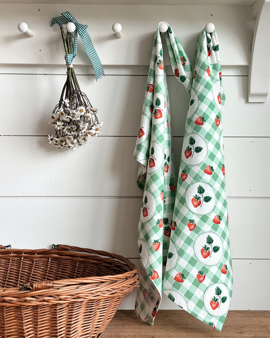Set of Two Strawberry Gingham Tea Towels
