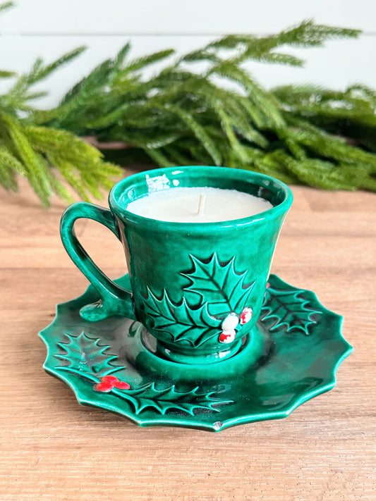 Hand Poured Cozy Christmas Candle in Vintage Holly Cup & Saucer