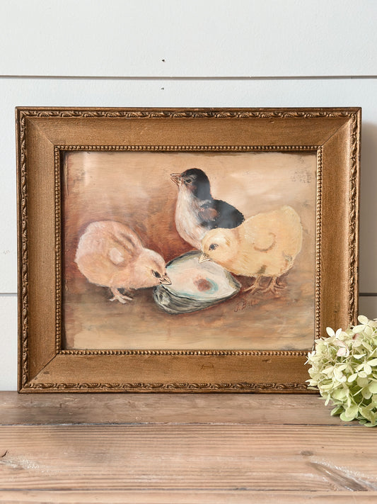 Antique Signed Original Baby Chicks Oil Painting