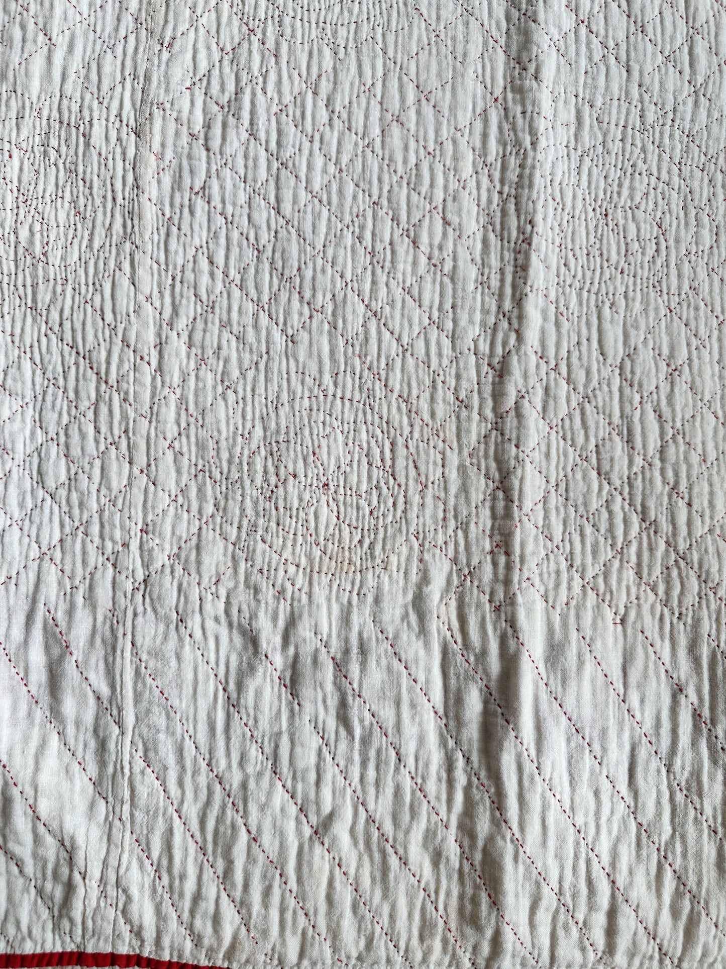Antique Early 20th Century Redwork Embroidered Hand-Quilted Quilt