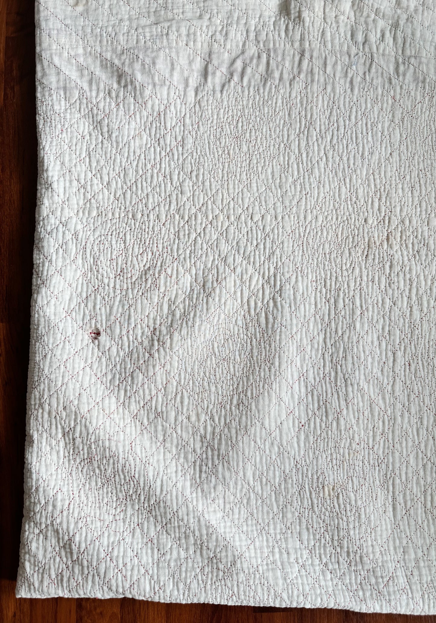 Antique Early 20th Century Redwork Embroidered Hand-Quilted Quilt