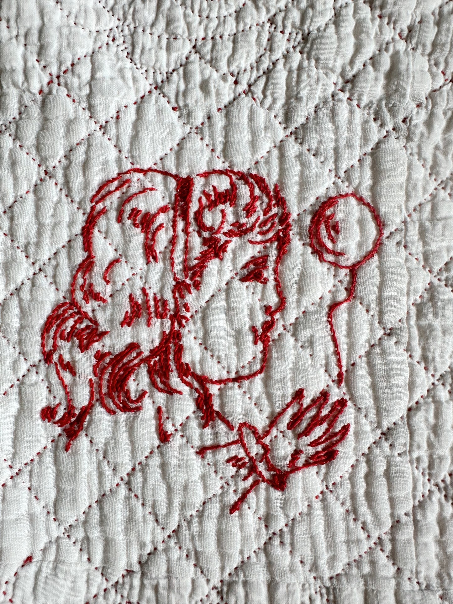 Antique Early 20th Century Redwork Embroidered Hand-Quilted Quilt
