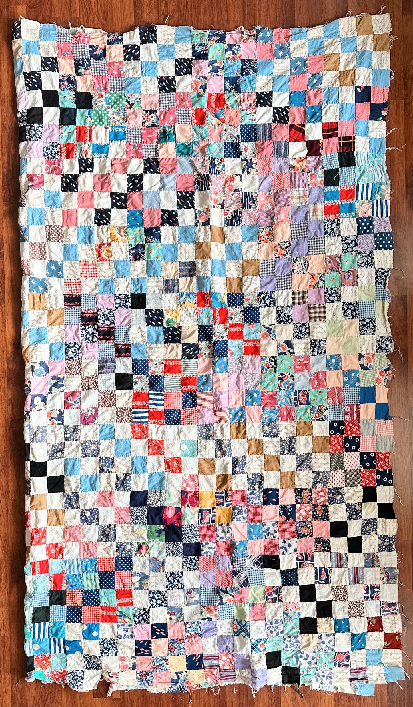 Vintage 1930s–40s Postage Stamp Scrap Quilt Top