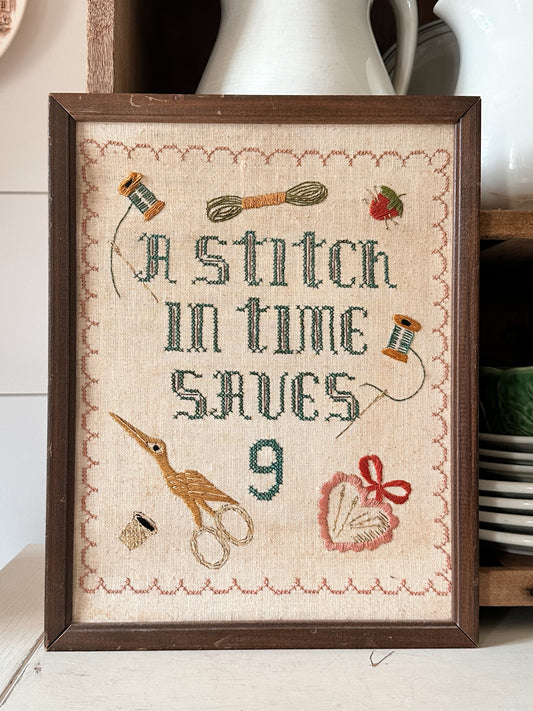 Vintage Cross Stitch and Embroidery Wall Hanging - A Stitch in Time Saves 9