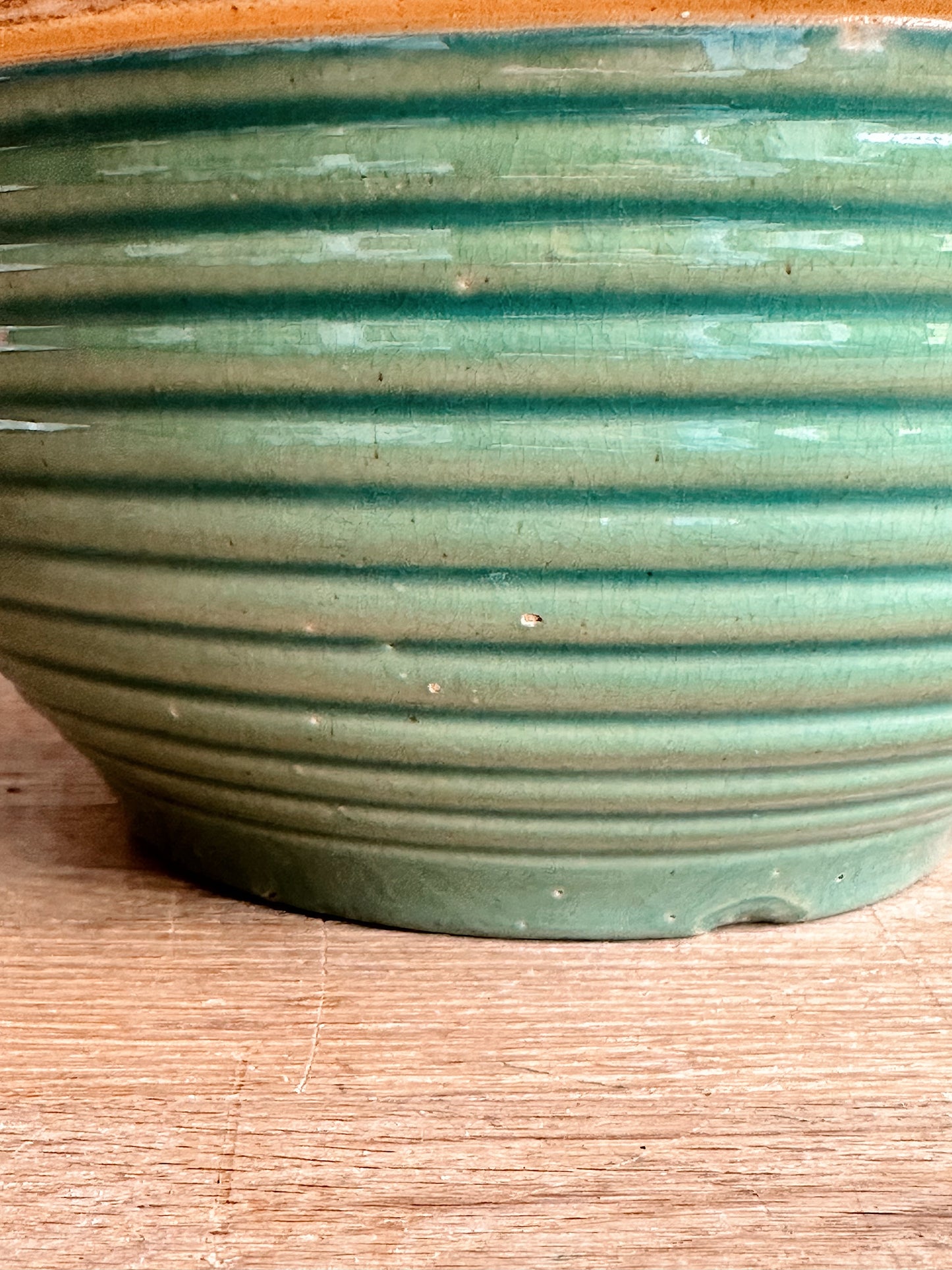 Big Beautiful Vintage Green Ribbed Stoneware Bowl