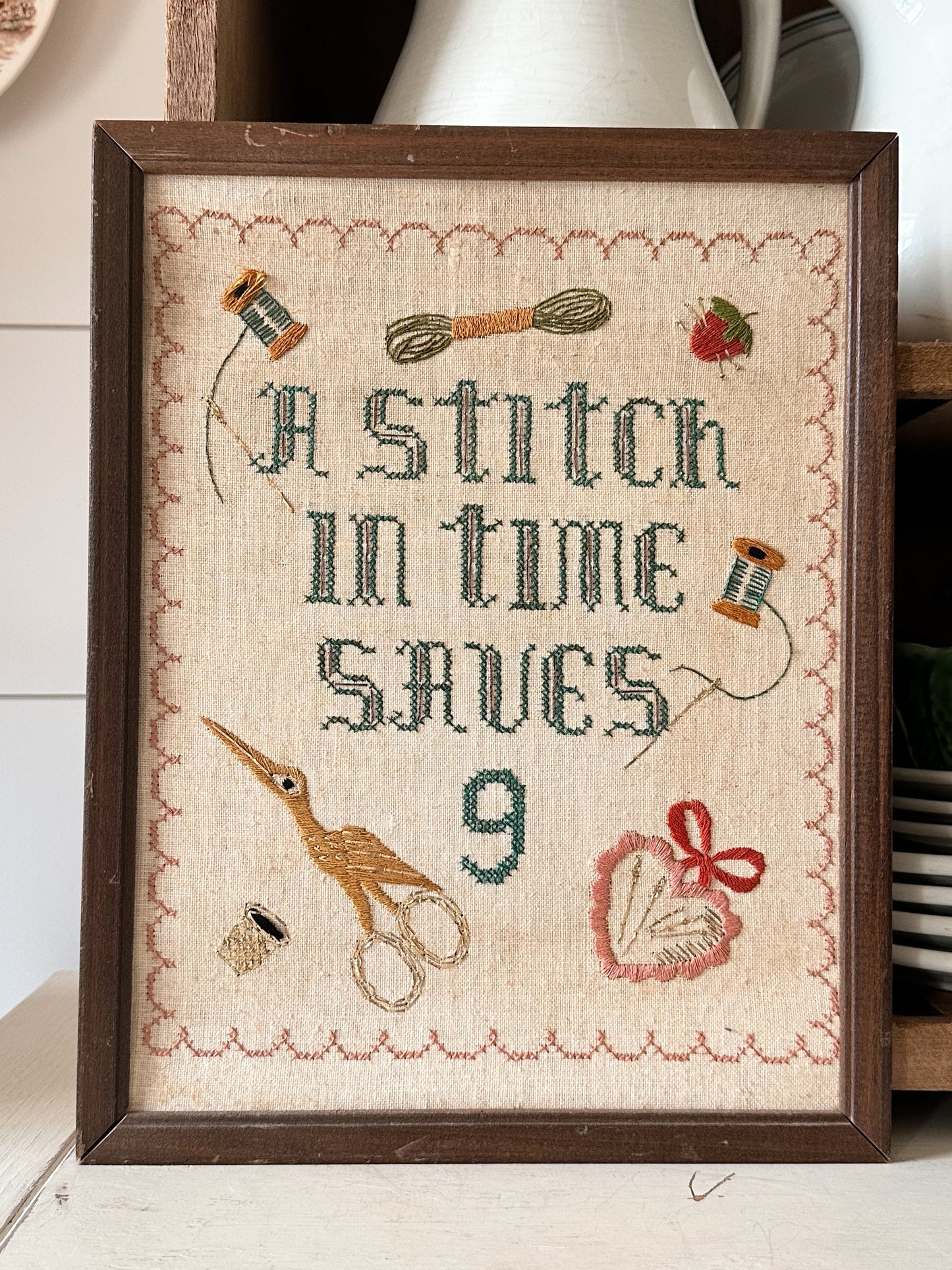 Vintage Cross Stitch and Embroidery Wall Hanging - A Stitch in Time Saves 9