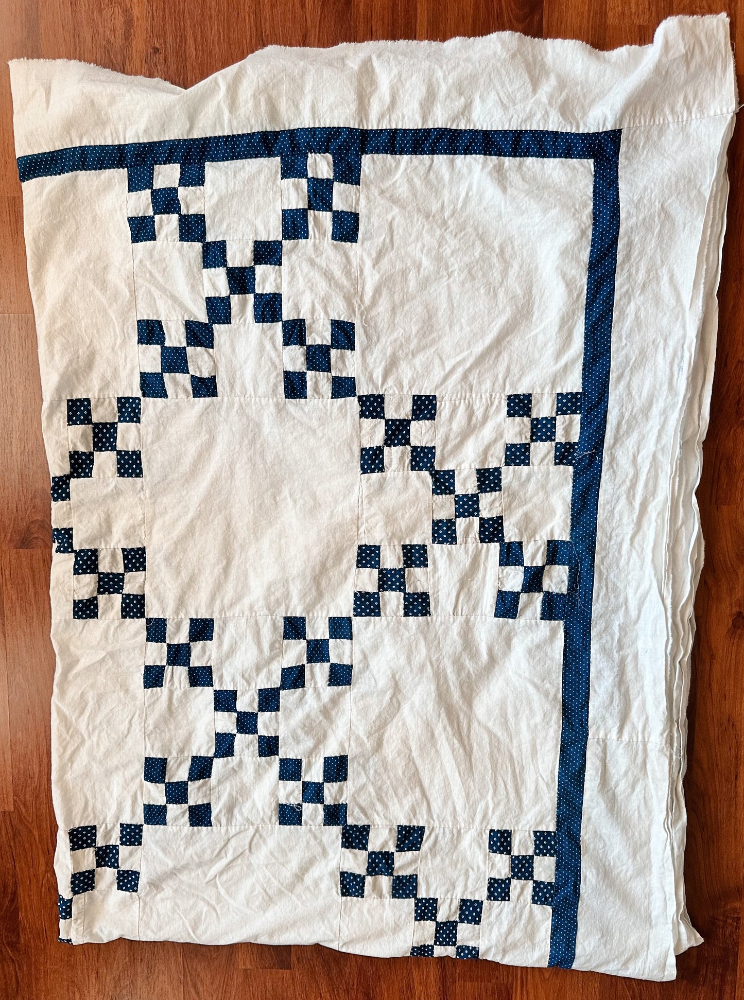 Vintage Hand Stitched Blue & White Double Irish Chain Quilt Top