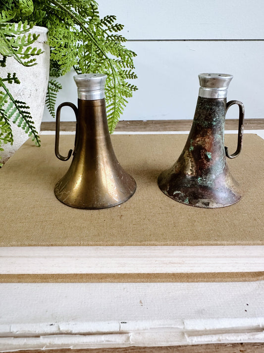 Sweet Little Vintage Brass Horn Salt & Pepper Shakers