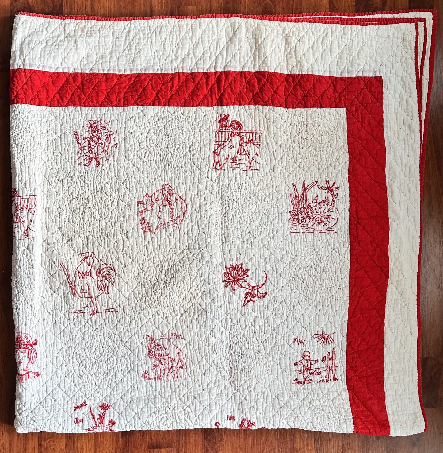 Antique Early 20th Century Redwork Embroidered Hand-Quilted Quilt